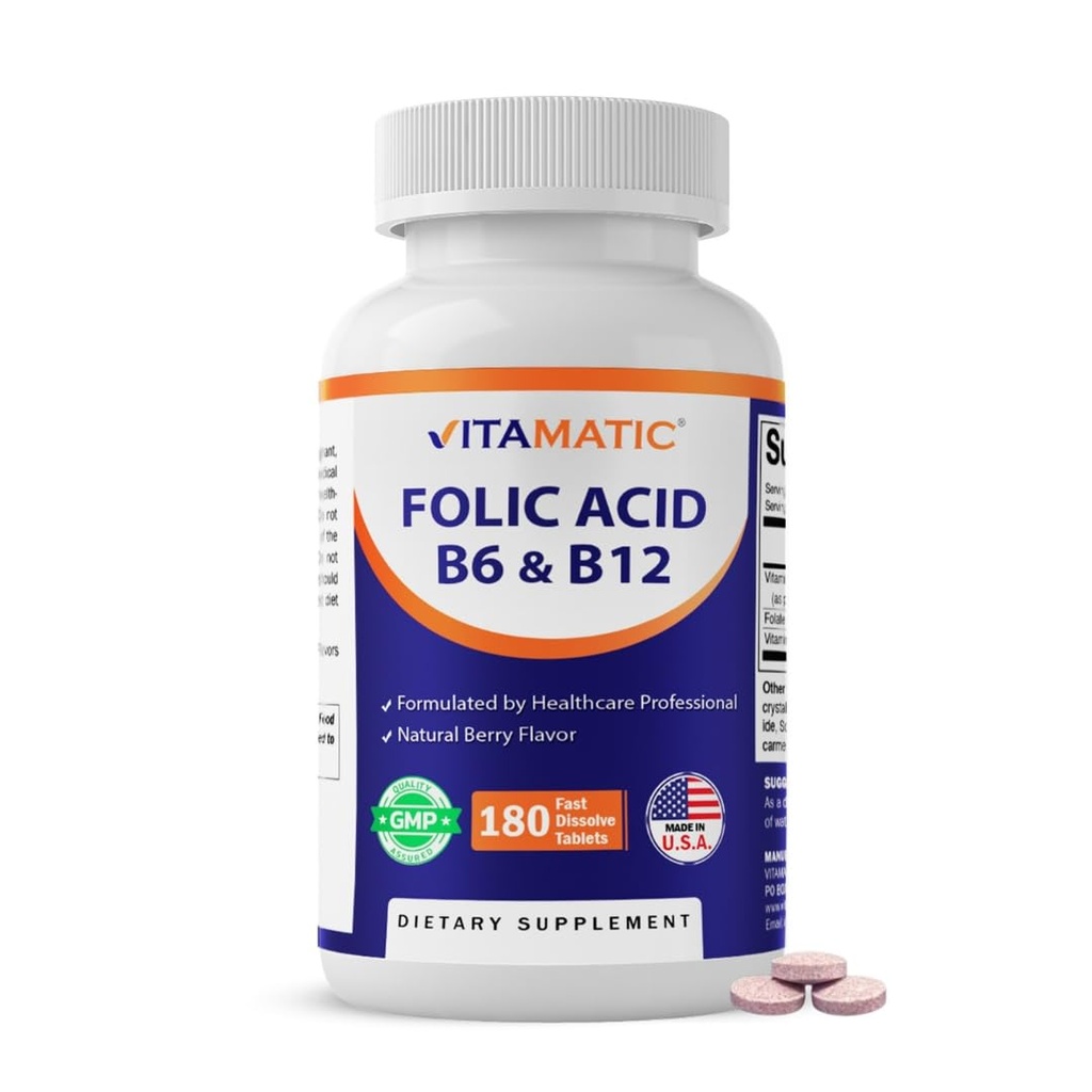 Acido folico Vitamatico, Vitamina B12 & B6 – 180 compresse dissolvere veloci Salute del cuore, produzione di energia e supporto delle cellule di sangue rosse