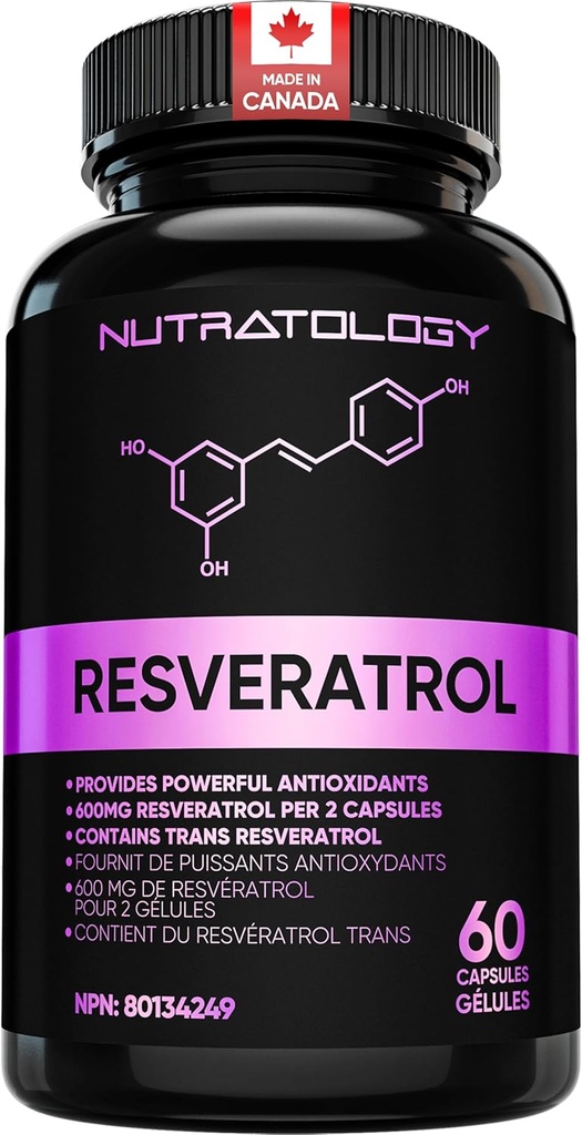 Nutratologia Resveratrolo Integratore Potente Antiossidante - Antiinvecchiamento Trans Resveratrolo - Aumenta la salute cardiovascolare, la rigenerazione cellulare e la crescita dei capelli - 60 capsule - 30 porzioni