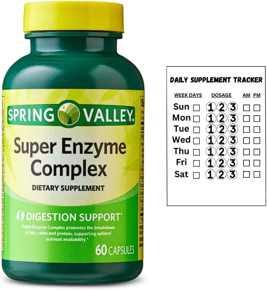 Integratore alimentare Super Enzime della Valle di Primavera per il supporto digestivo, 60 capsule + Tracker supplemento giornaliero