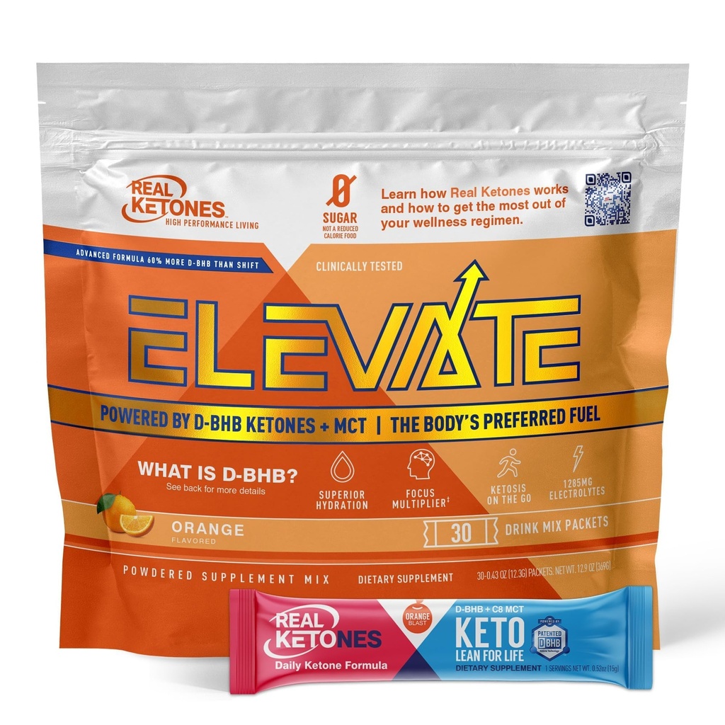 I migliori chetoni MCT & BHB chetoni esogeni Bere i pacchetti di miscela Elevate Keto Electrolytes Powder Packets No Sugar con 4 elettroliti principali Plus Idratazione Proprietario Keto BHB - 30 Pack Arancione