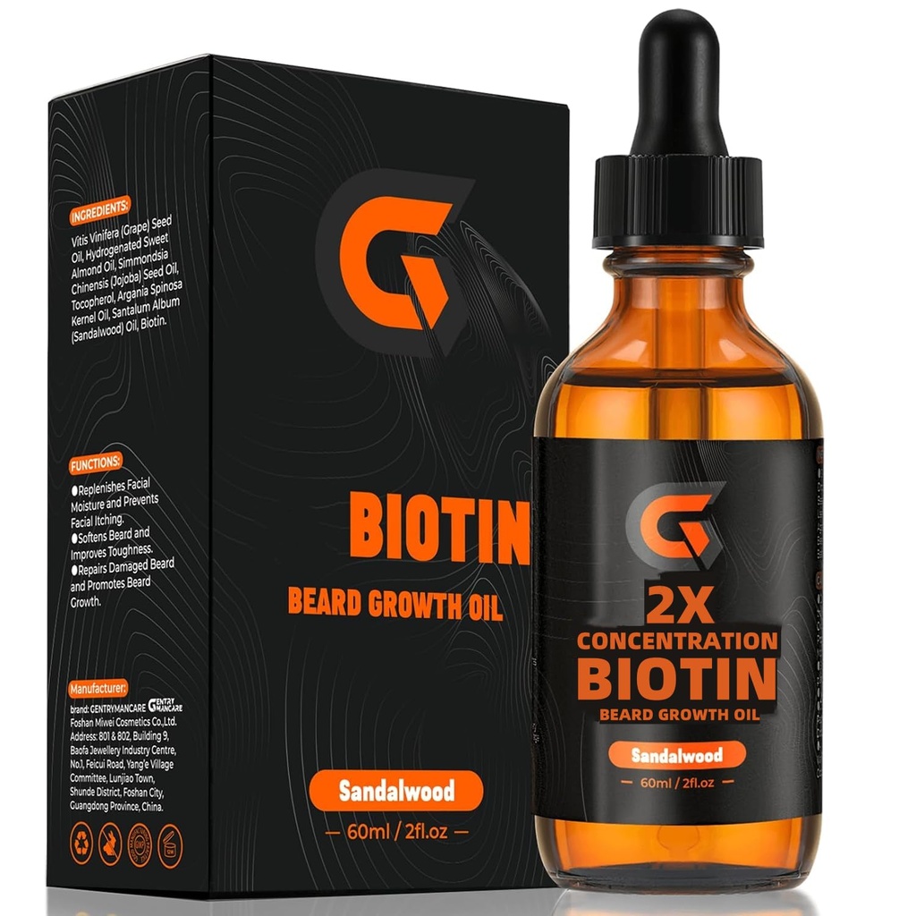2X Concentration Biotin Beard Growth Oil for Men - Leave-In Condizionatore & Softener - Idrata, Polli, Rafforza e promuove la crescita dei capelli facciali - Organic Argan & Jojoba Oil - 2fl. Oz