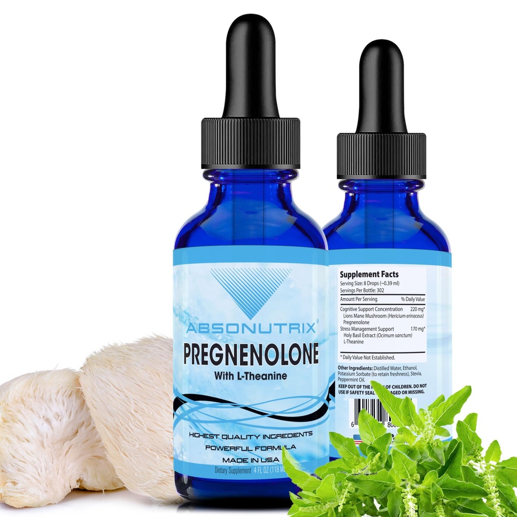 Absonutrix Pregnenolone con L-Theanine Advanced Formula 390 mg, 4 Oz Liquid, 302 Serve, Made in USA, Rapida Assorbimento, Qualità Potente Ingredienti, Non-GMO, GMP Certified Facility