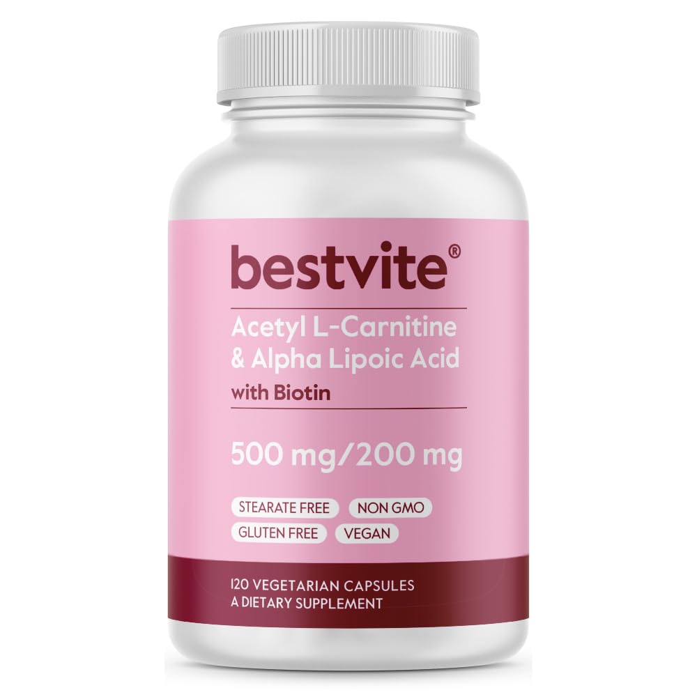 BESTVITE Acetil L-Carnitina 500mg & Acido lipoico alfa 200mg per capsula con Biotina (120 capsule vegetariane) - No Stearates - Vegan - Non OGM - Gluten Free