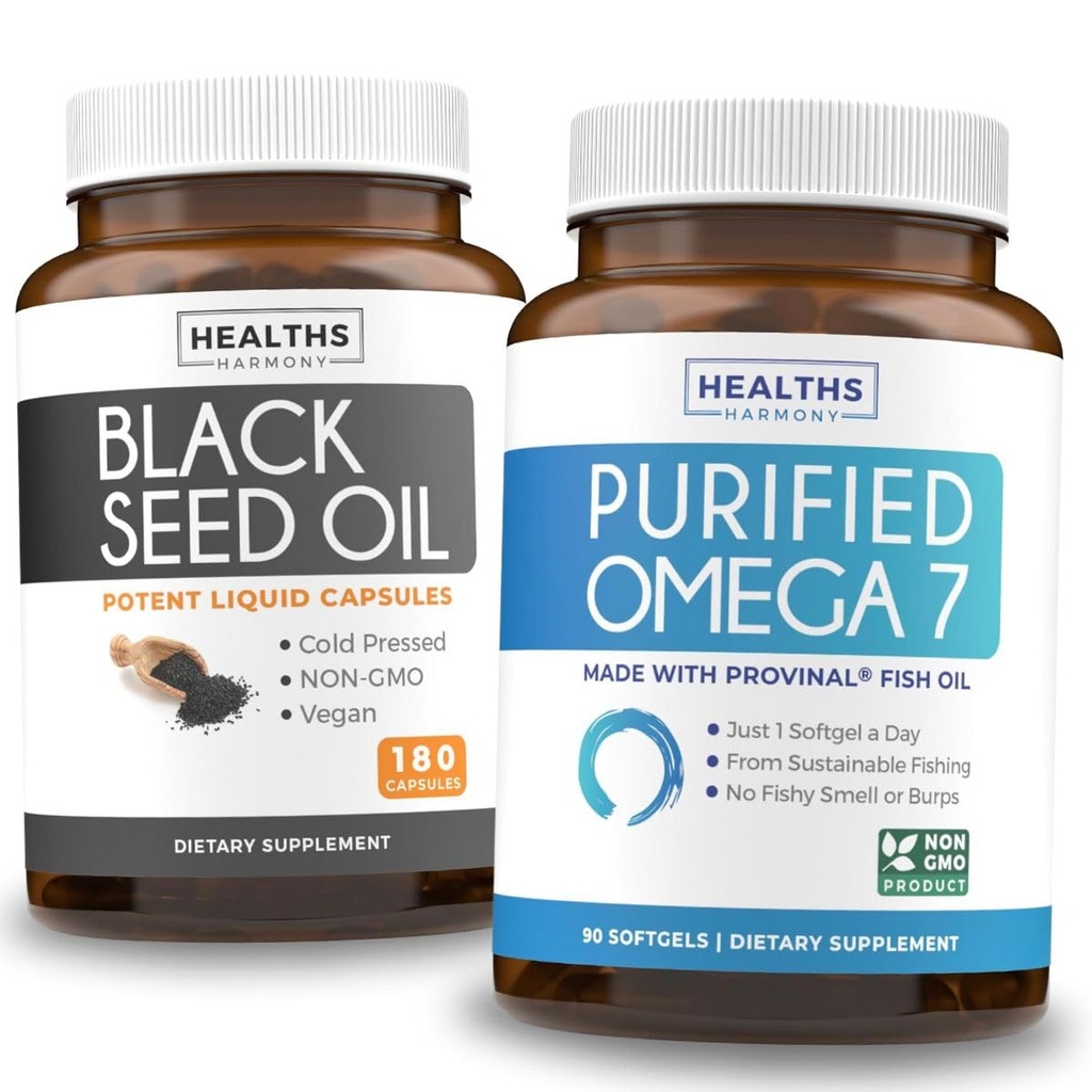 Omega 7 Softgels & Black Seed Oil (3-Month Supply) Omega Glow Blend Bundle - Purified Omega-7 Softgels (90 Softgels) Provinal Peruvian Anchovy e Black Seed Oil (180 capsule) Olio pregiato a freddo
