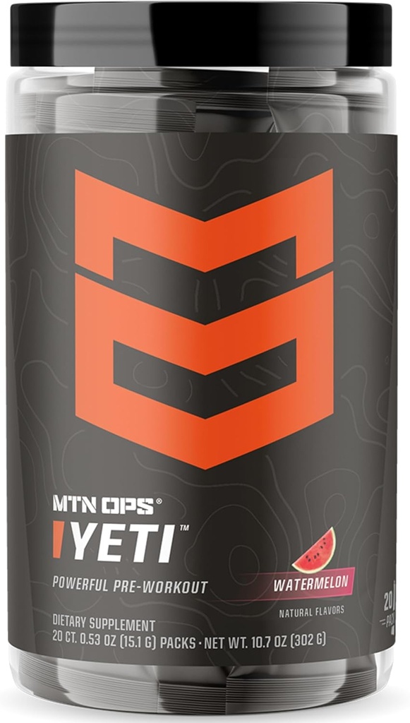 MTN OPS Yeti Trail Packs Pre-Workout Polvere Energy Drink con Creatina, 200 mg Caffeina & BCAAs con Beta Alanine, 20-Single Servings, Watermelon