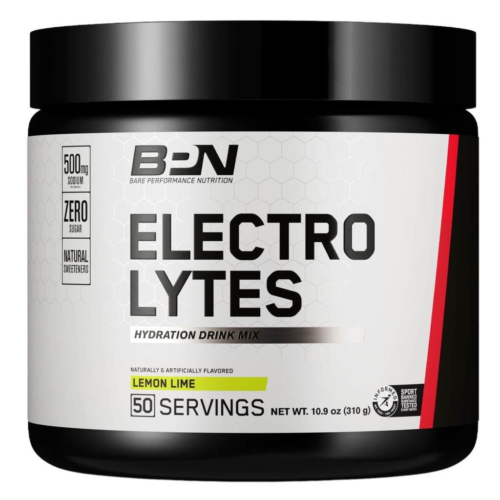 BARE PERFORMANCE NUTRITION BPN Electrolytes Hydration Drink Mix | Polvere di elettrolita senza zucchero | 500mg Sodio per porzione | Naturale addolcito | Lime di limone, 50 Serve