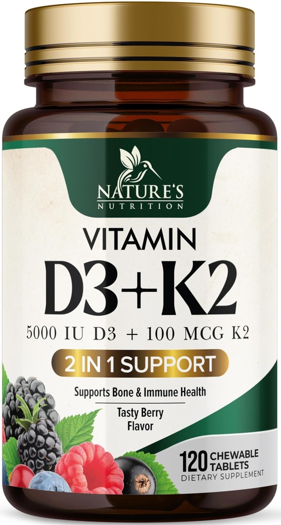 Vitamina D3 K2 Supplemento | 5000 IU D3 + K2 100 mcg | MK-7 K2 con vitamina D | Supporti Immune, Cuore, Teeth & Bone Salute - La natura è facile da masticare, VIT D3 K2, Non-OGM, Tasty Berry Flavor - 120 compresse