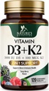 Vitamina D3 K2 Supplemento | 5000 IU D3 + K2 100 mcg | MK-7 K2 con vitamina D | Supporti Immune, Cuore, Teeth & Bone Salute - La natura è facile da masticare, VIT D3 K2, Non-OGM, Tasty Berry Flavor - 120 compresse