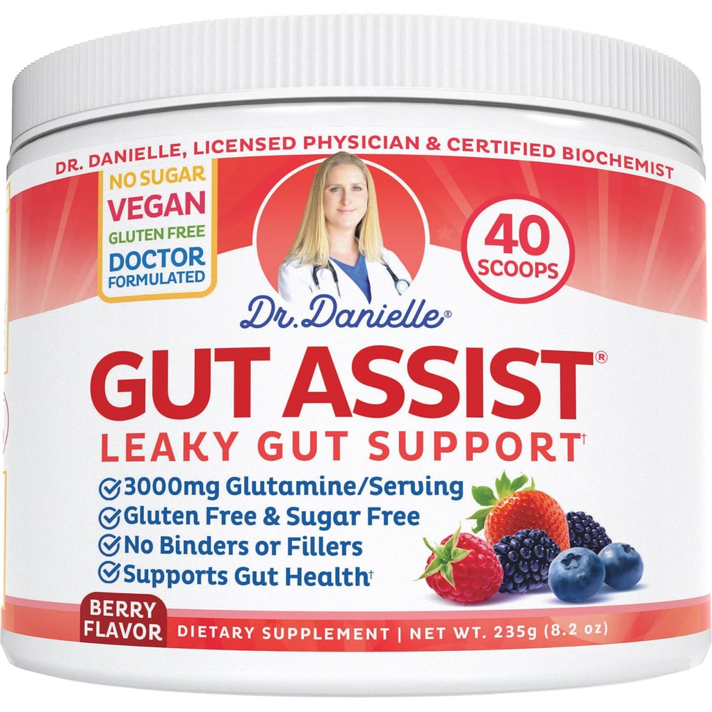 Dr. Danielle Gut Assist - Leaky Gut Riparazione Supplemento Polvere - Glutamina, Arabinogalactan, Radice di liquirizia - Supporta IBS, Heartburn, Bloating, Gas, Constipation, SIBO da, Berry Flavor