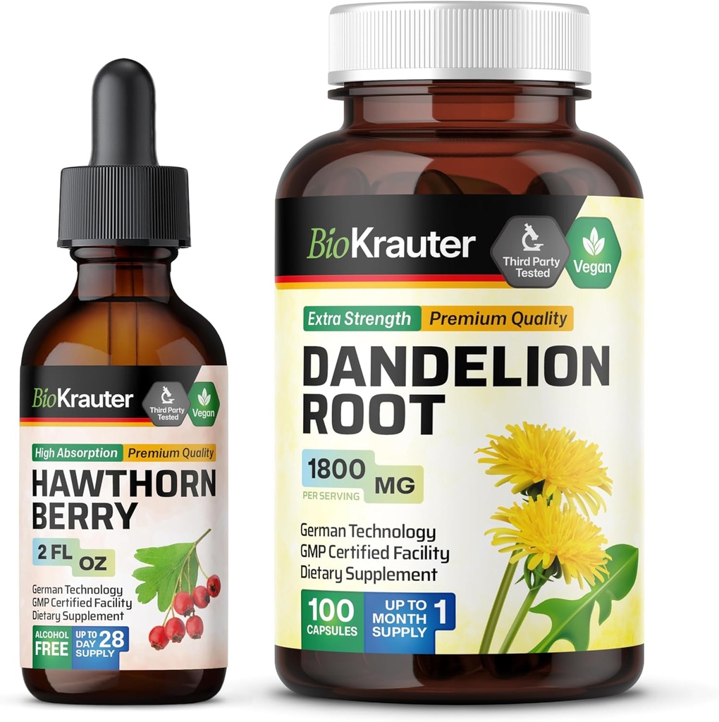 BIO KRAUTER Hawthorn Tincture 2 Fl. Oz. & Dandelion 100 capsule