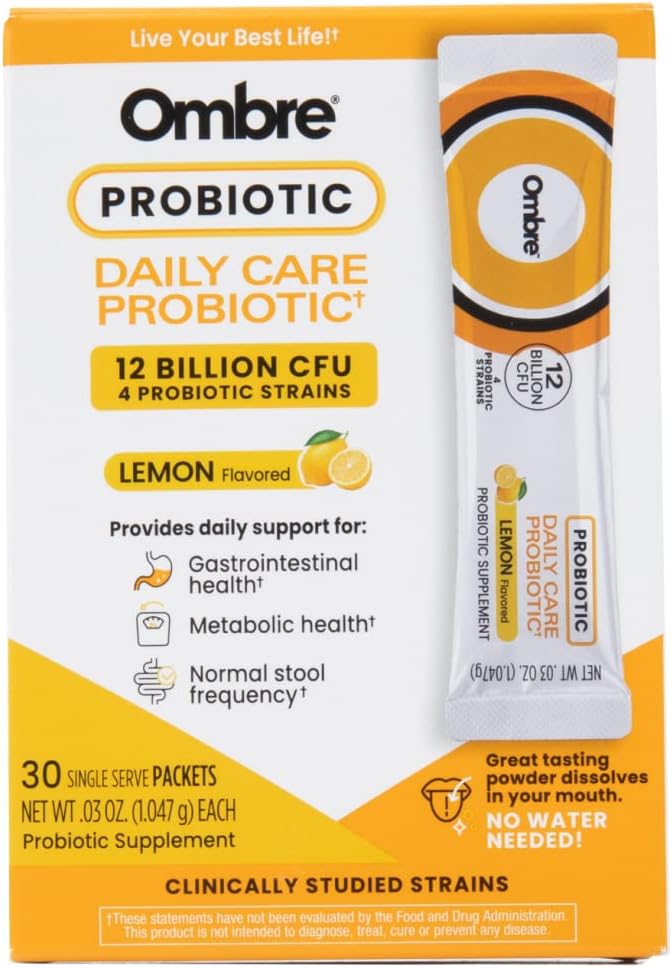 Ombre Daily Care Probiotics Powder - Prebiotics and Probiotics for Women, Men, & Kids - Polvere di dissolvenza rapida promuove la salute digestiva & benessere generale - 12 miliardi di CFU - Limone Flavor, 30 pacchetti