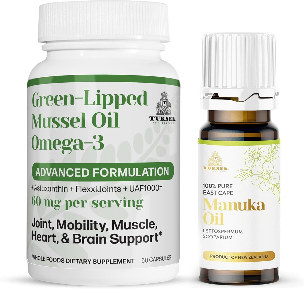 TURNER Nuova Zelanda Omega-3 olio di moscata verde, 53x maggiore potenza per il comfort e la mobilità superiore, nessun retrogusto pescoso, 1 bottiglia, 60 Softgels Plus 1 bottiglia di olio di Manuka