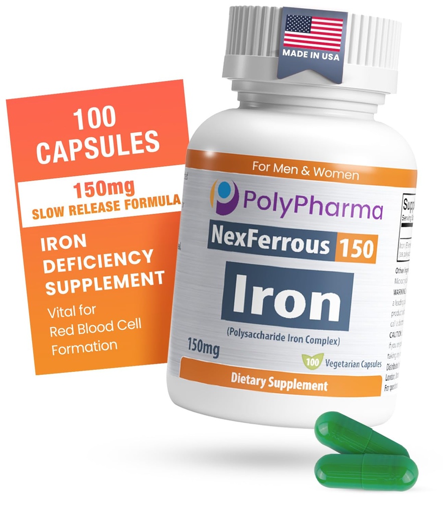 Polysaccharide Iron Complex 150mg per il supporto dell'anemia - Prevenzione e trattamento della carenza di ferro, Supporta la formazione di globuli rossi, Gentle on The Stomach, Alta potenza, USA-Made, 100 capsule