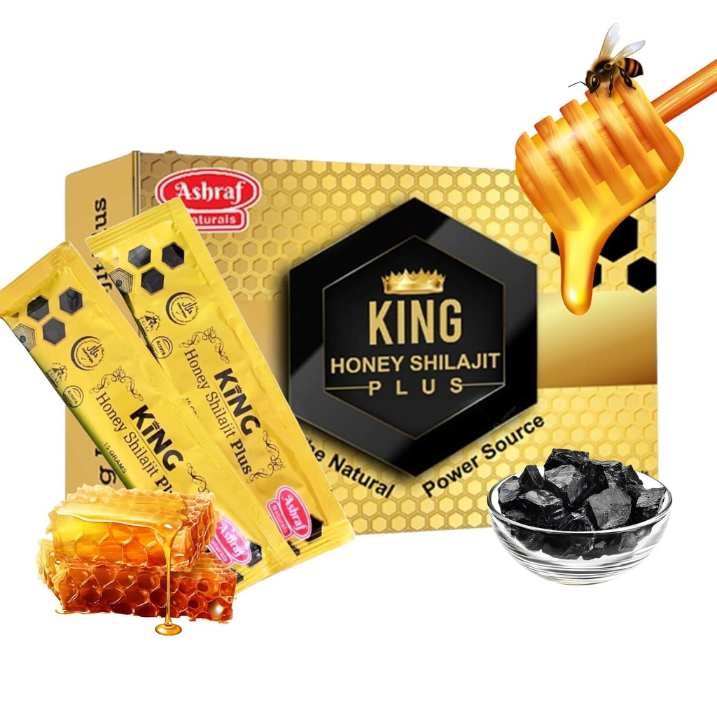 Ashraf Naturals King Honey Shilajit Plus - Miele Premium & Himalayan Shilajit Blend with Herbal Extracts, Natural Energy & Vitality Support, 15 Sachets x 15g