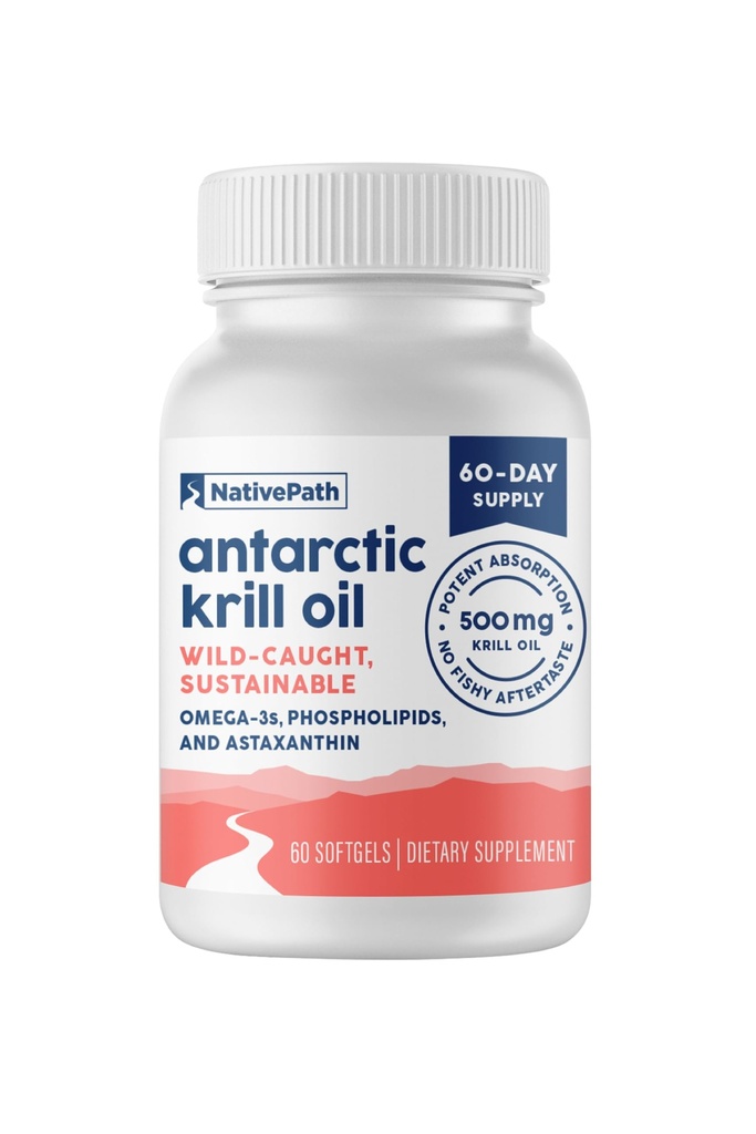 NativePath Antarctic Krill Oil - Wild-Caught Omega 3 Krill Oil 500mg Softgels con EPA, DHA e Astaxantina - Supplemento per Joint, Heart, Brain e Immunity - 60 ct - No Fishy Aftertaste