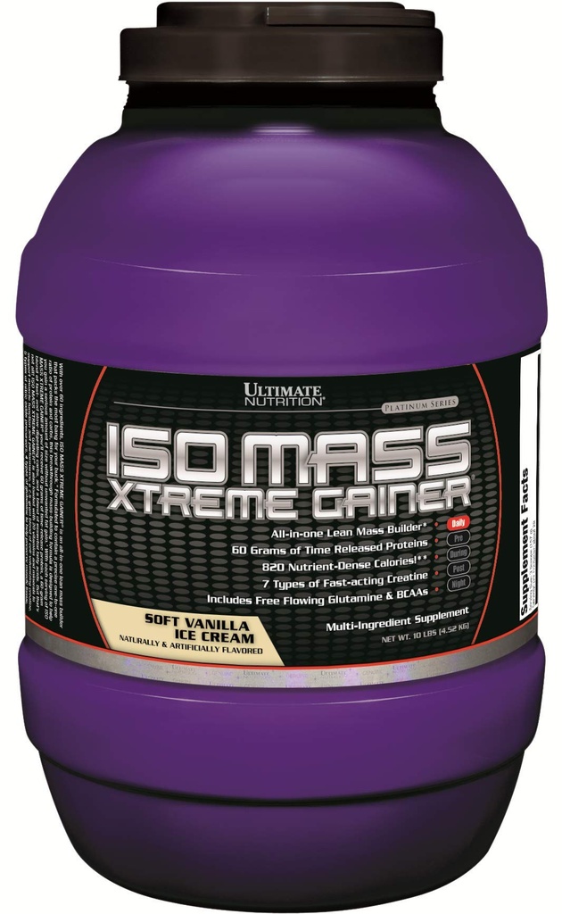 Ultimate Nutrition ISO Mass Xtreme Gainer, Peso Gainer Protein Powder con Creatina, 60 Grammi di Proteine, Whey Isolate Protein Powder for Lean Muscle Gain, 10 LBS con 30 Serve, Vanilla Ice Cream