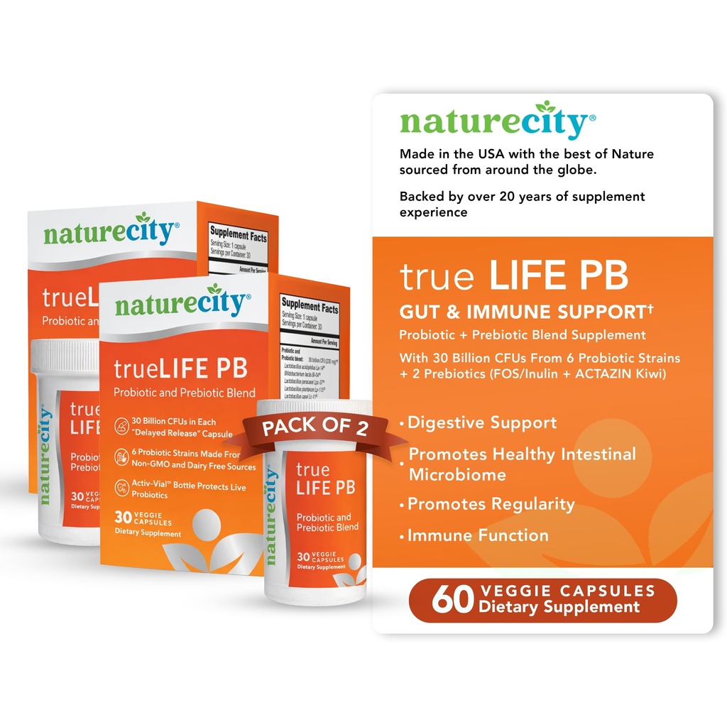 NaturaCity True-Life-PB Shelf Steable Blend Prebiotics and Probiotics for Women and Men - Digestive Gut Health Supplements for Women and Men - Dairy Free - (60 capsule vegetali)