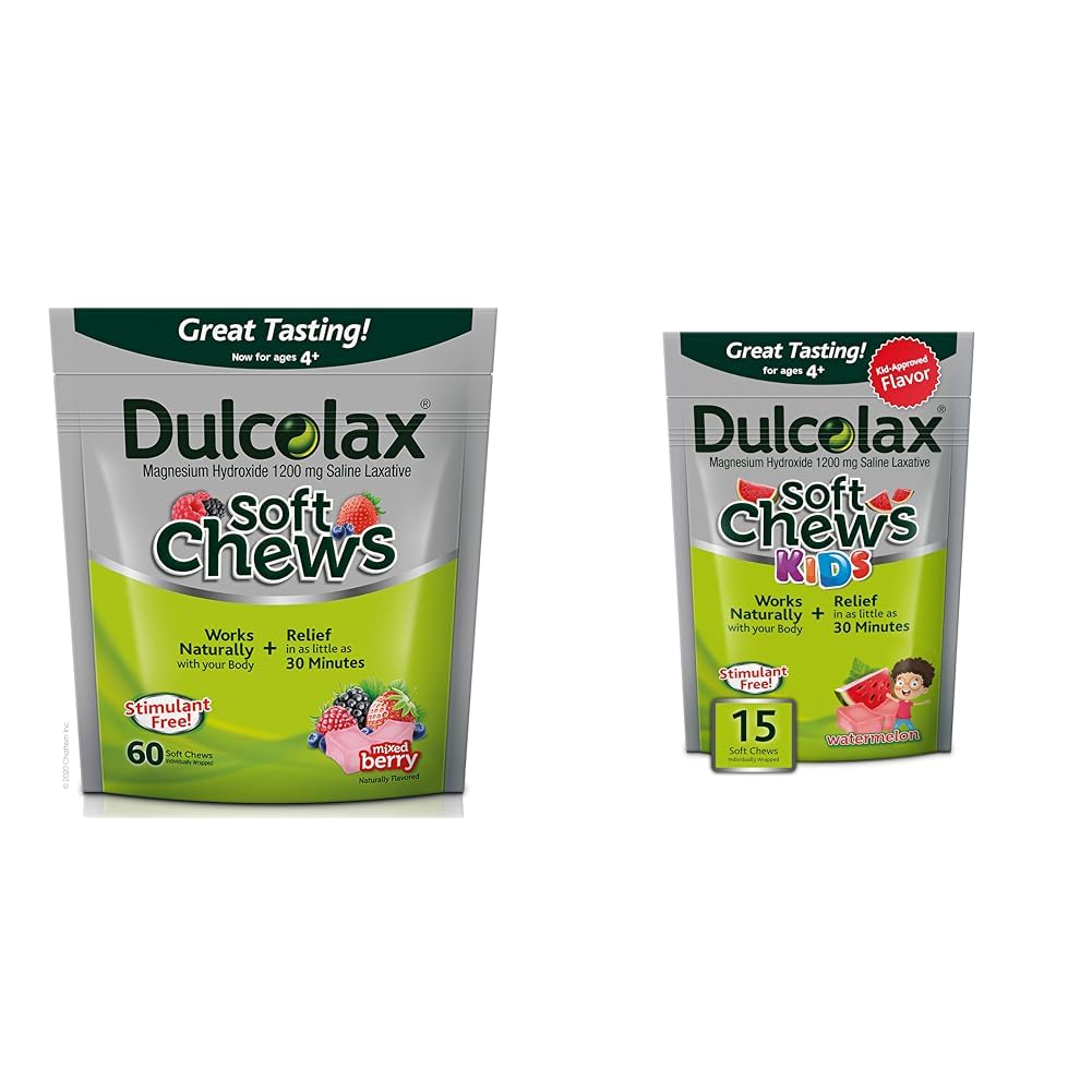 Dulcolax Soft Chews Saline Lassativo Misto Berry (60ct) Gentle Constipation Relief & Kids Soft Chews Saline Laxative Watermelon Gentle Constipation Relief, Magnesium