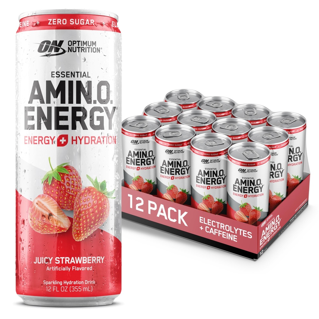 Optimum Nutrition Amino Energy Sparkling Hydration Drink, Electrolytes, Caffeina, Aminoacidi, BCAAs, Sugar Free, Juicy Strawberry, 12 Fl Oz, 12 Pack (Packaging May Vary)