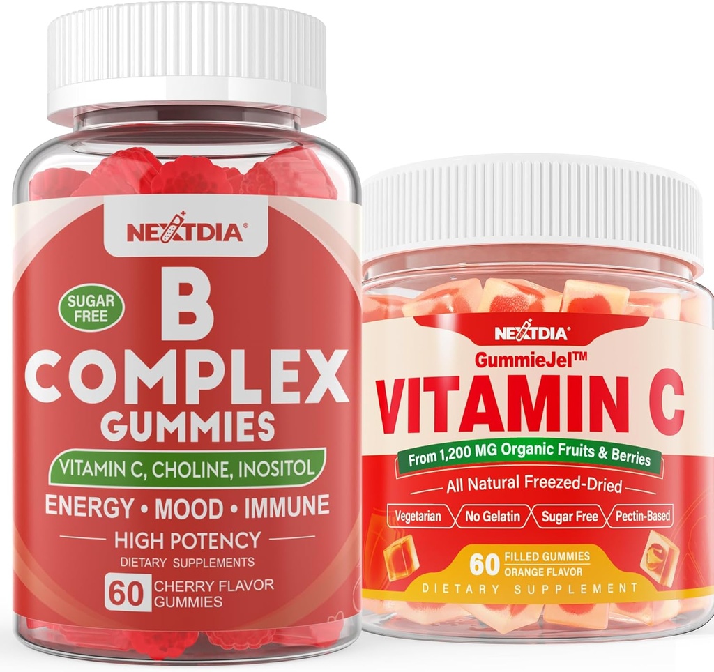 2 pacchetti di vitamine B complesso Gummies con 2000 mcg di metile B12, dimetilfo + 1 pacchetto intero alimentare vitamina C Gummies