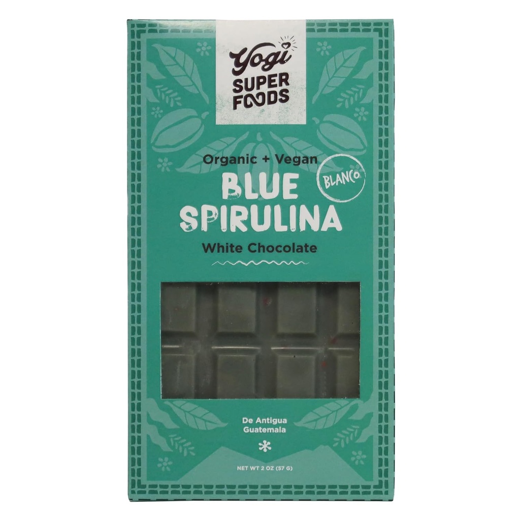 Yogi Super Foods Vegan Bianco Cioccolato Blu Spirulina Bar, sano e organico per l'energia Boost fatto da crudo Cacao Butter, senza glutine avena, addolcito con Panela Sugar, Macadamia Nuts - 1 Bar
