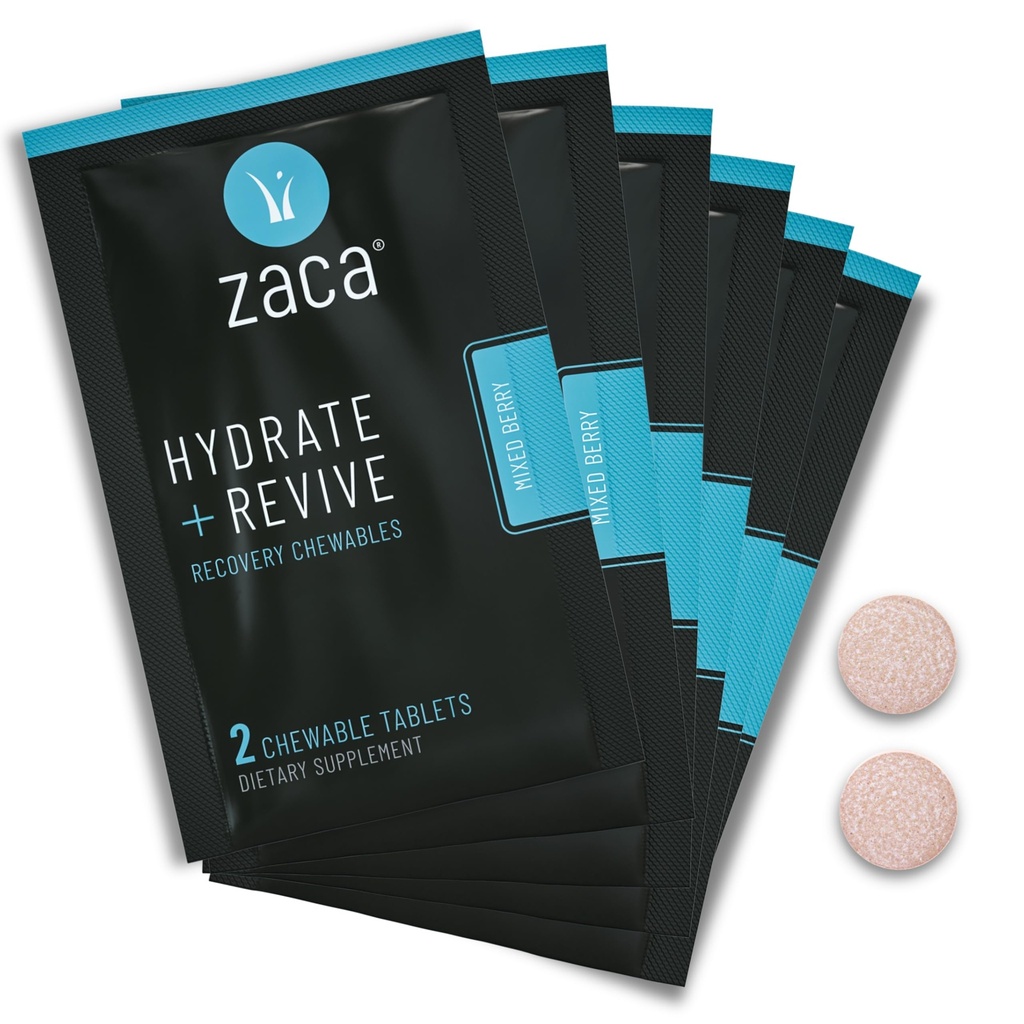 Zaca Recovery Chewable Supplement | Hydrate + Revive | Party, Travel, Exercise & Altitude | Sugar Free & Gluten Free | Bacche miste, 6 Packets = 12 compresse