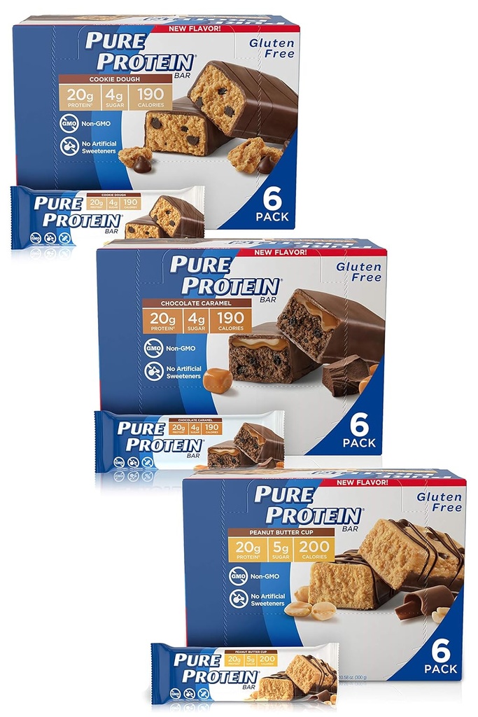 Pure Protein Bars, High Protein, Snack Nutritious per sostenere l'energia, Basso zucchero, senza glutine, Guilt Free Variety Pack (Cookie Dough/Choc Caramel/Peanut Butter Cup), 1,76 oz, Confezione da 18