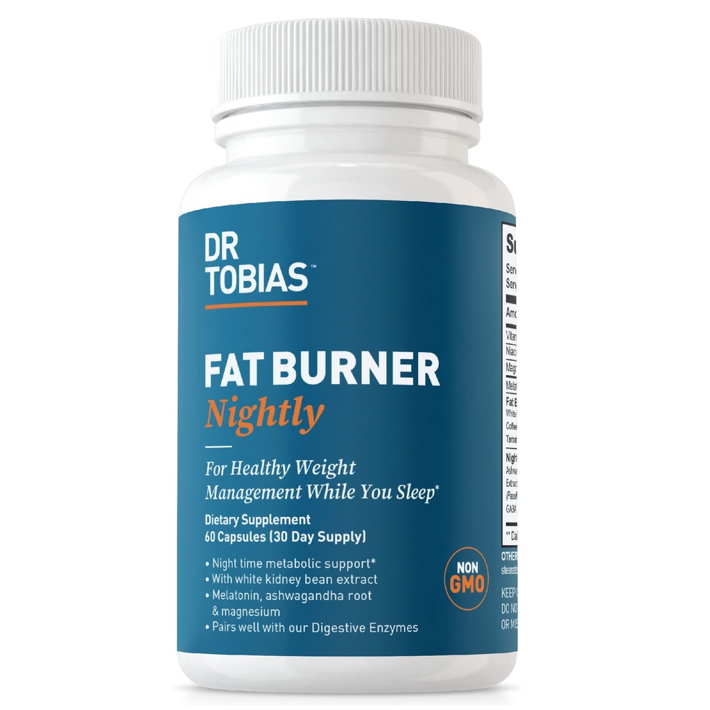Dr. Tobias Fat Burner Nightly - Night Time Supporto metabolico con White Kidney Bean Extract, Ashwagandha Root, Green Coffee Bean Extract & Melatonin | Non-GMO (60 Capsule 30 Day Supply)