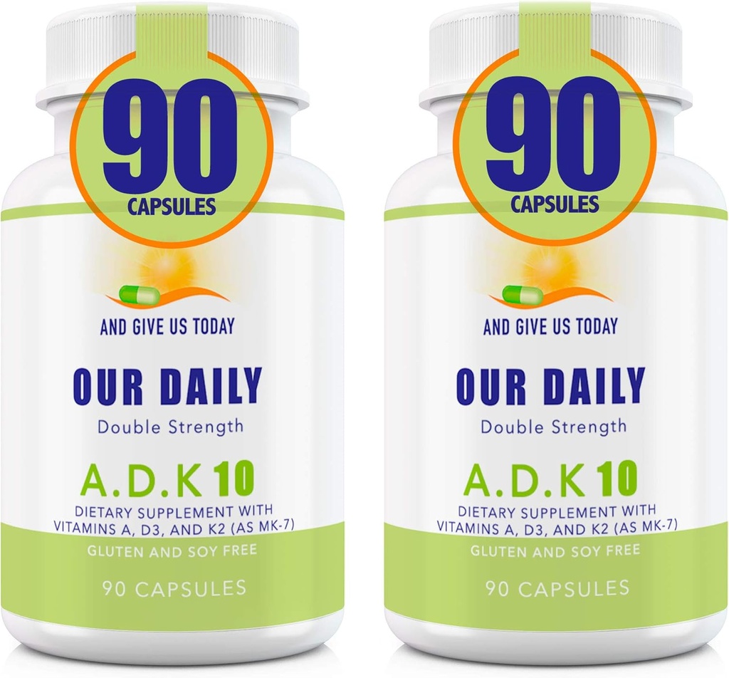 Le nostre Vite Quotidiane ADK 10 Doppio Forza (10.000 iu) Vitamine A1, D3 & K2 (come MK7) - Supporto di Sistema Immune Formulato Medico - Gluten Free, Non OGM - 180 Capsule Vegetariani