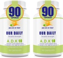 Le nostre Vite Quotidiane ADK 10 Doppio Forza (10.000 iu) Vitamine A1, D3 & K2 (come MK7) - Supporto di Sistema Immune Formulato Medico - Gluten Free, Non OGM - 180 Capsule Vegetariani