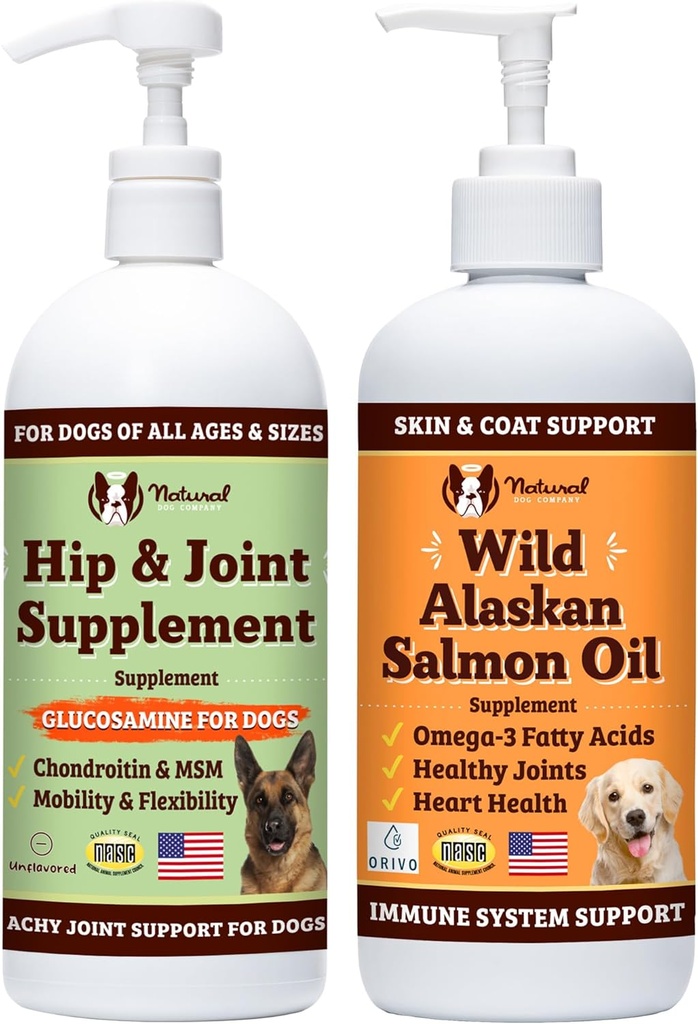 Natural Dog Company 32 oz. Bundle con olio di salmone dell'Alaska selvatica e Glucosamina liquida per cani, supplemento di olio di pesce, supporto di giunzione e di ip
