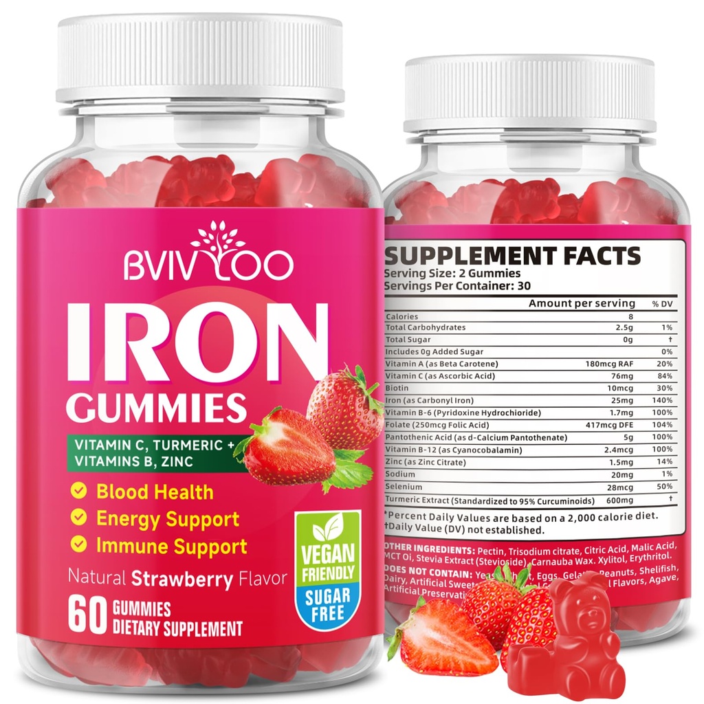 Gummie di ferro vegano per adulti e bambini - con vitamina C, A, B-Complex, Folate, Zinco e Biotina - per la costruzione del sangue e il supporto energetico, 60 Gummies