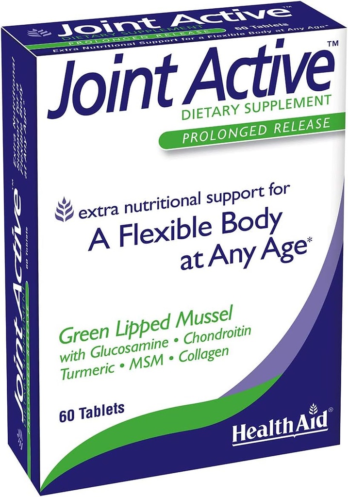 Healthaid Jointactive, 60 Ct, rilascio prolungato, un corpo flessibile a qualsiasi età, musella imbottita verde, con Glucosamina, Condroitina Tumerica, MSM, Collage.