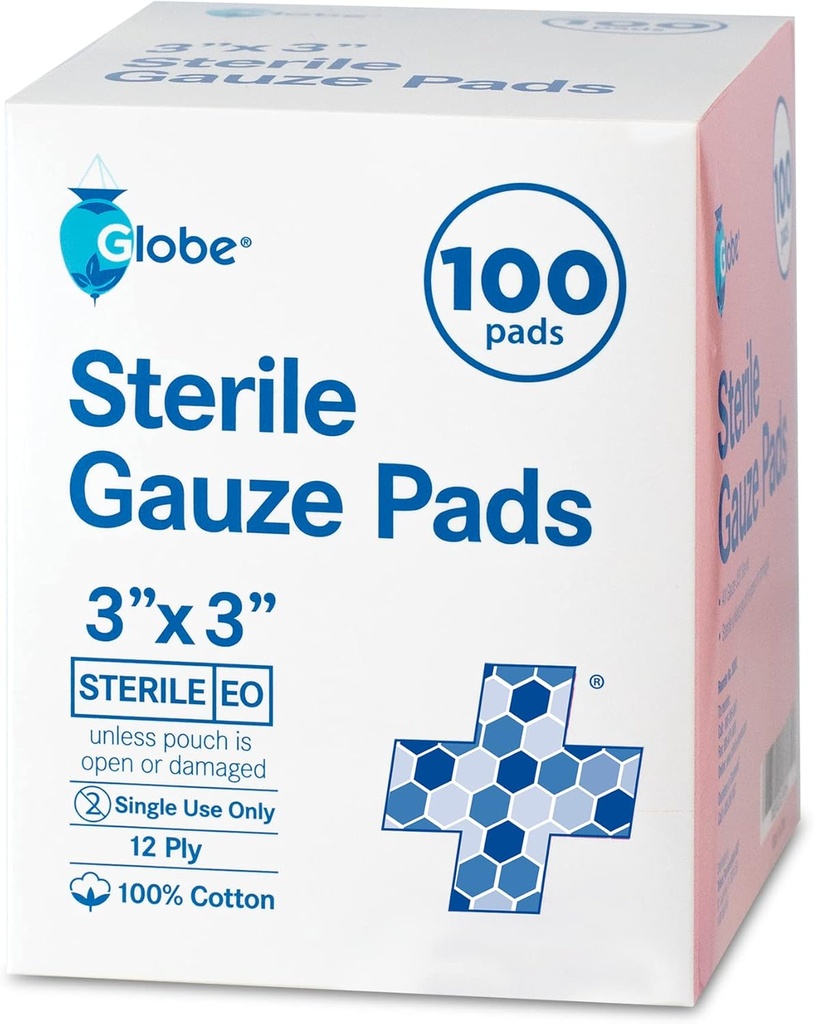 Globe 3' x 3''' Advanced Sterile Gauze Pads, 100-Pack singolarmente imballato - 12-Ply Cotton for Wound Care Dressing, Bandages altamente assorbenti per uso domestico e di emergenza - Travel & First Aid Kit Essential