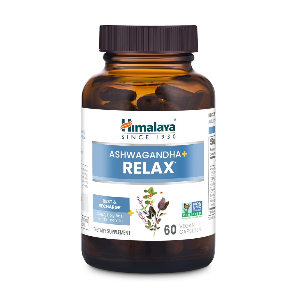 Himalaya Ashwagandha+ Rilassati, con GABA, Santo Basilio e camomilla per il ripristino, Relax & Stress Relief, Vegan, Gluten Free, 540 mg, 60 capsule vegetariane, 1 mese di fornitura