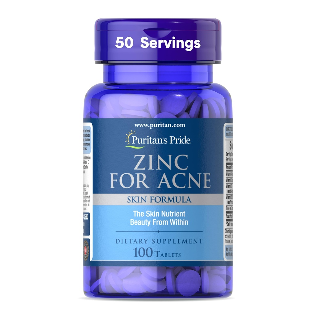 Zinco Prido di Puritan per Acne Skin Formula con Vitamine C, B-6, A, ed E per Uomini e Donne, Integratore alimentare per Clear Healthy Skin, Sistema Immune, Divisione Cellulare e Supporto per la Crescita, 100 compresse