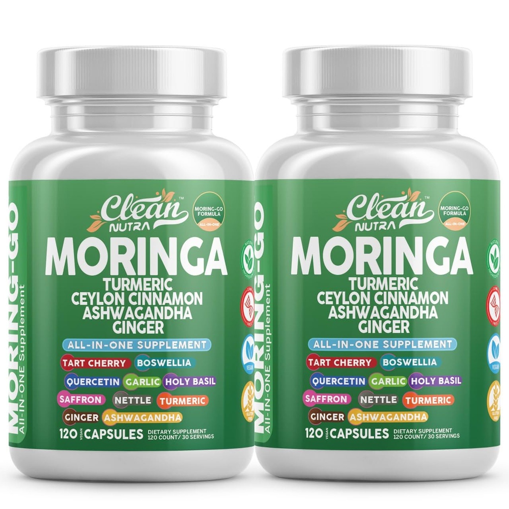 Estratto di caffè verde + Turmeric Moringa Leaf Ceylon Cinnamon Ashwagandha Ginger Tart Cherry Boswellia Quercetin Aglio Santo Basilio Saffron Nettle Pepe Nero Moring-Go Supplemento Da Clean Nutra (2)