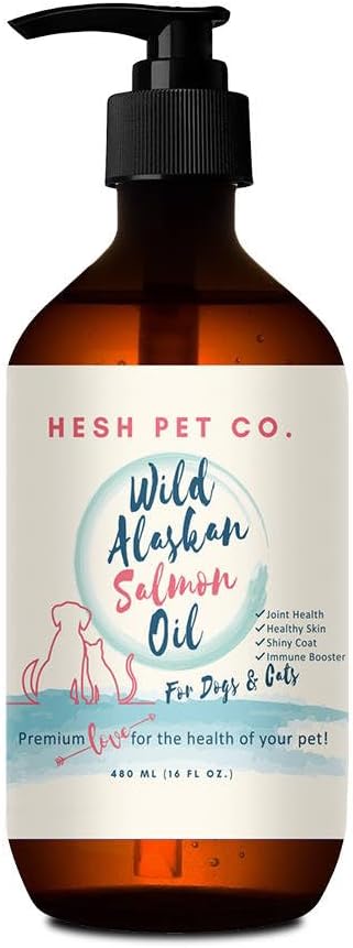 Premium Wild Alaskan Salmon olio per cani e gatti 16oz Skin & Coat Natural Liquid Food Supplemento per animali domestici, Fish Oil, Omega 3, EPA + DHA acidi grassi per la funzione congiunta, Immune & Heart Health!