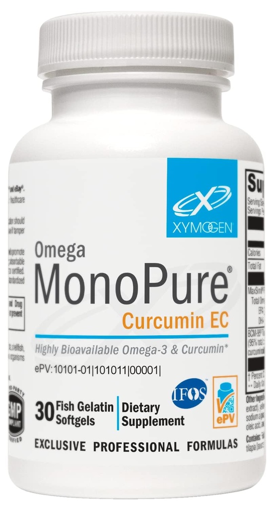 XYMOGEN Omega MonoPure Curcumin EC - Olio di pesce con assorbimento DHA EPA migliorato + Estratto di curcuma - Supplemento Omega-3 per Cytokine Balance Support (30 Softgels)