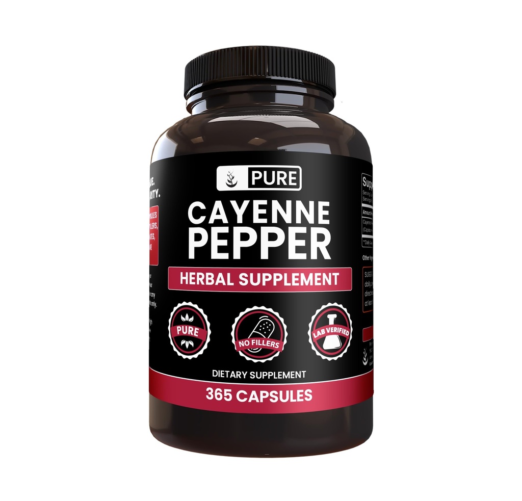 PURE ORIGINAL INGREDIENTI Pepe di Cayenne (365 capsule) Nessun filler di magnesio o di riso, puro, verificato il laboratorio