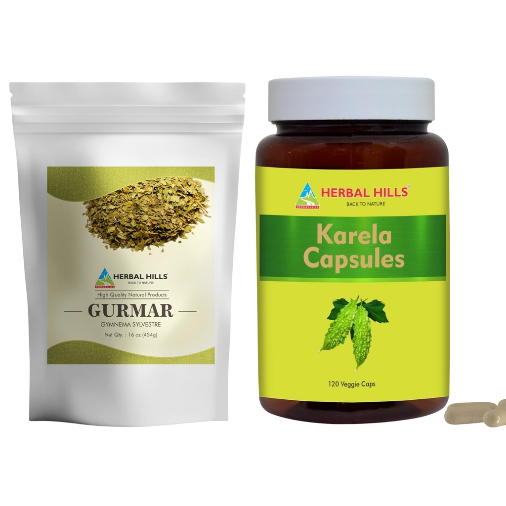HERBAL HILLS Gurmar Tea Powder e Karela Capsule Pack di 2 Combo