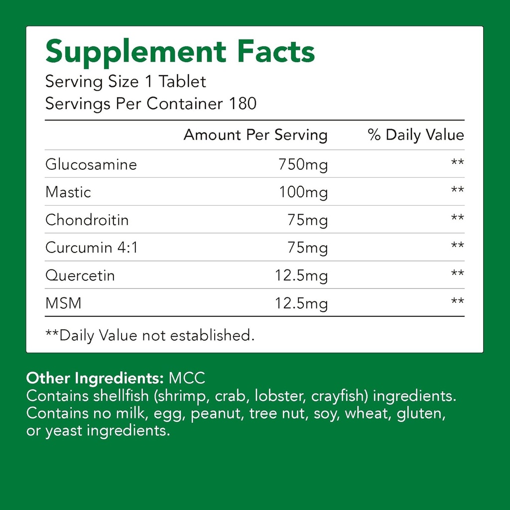 Glucosamina Premium + Chondriotin + MSM + Mastic + Curcumina (750mg) | Bone & Joint Health (1 Bottiglia-180 Capsule-6mo Alimentazione) | Vitamina per Supporto Giunto | Non OGM & Gluten Free