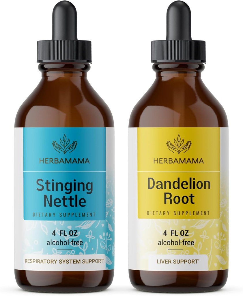 HERBAMAMAMA Kit di gocce di liquido a base di erbe - Bundle di orticaggio & Dandelion Root Tincture 4 fl oz - Vegan, Non OGM, Sugar & Alcohol-Free - 2 Pack