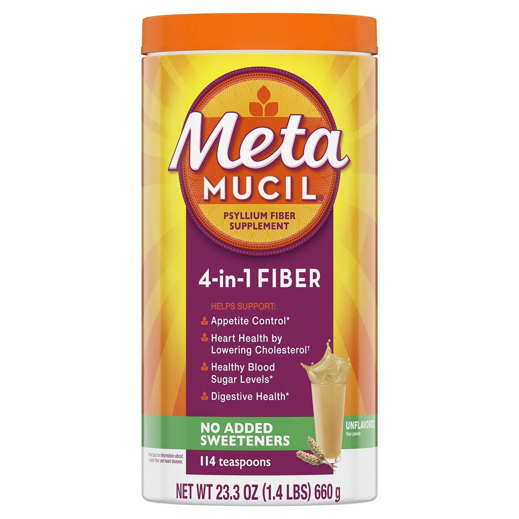 Metamucil Fiber, 4-in-1 Psyllium Fiber Supplement, Zucchero Polvere libera, Bevanda non aromatizzata, 114 Serve (Packaging May Vary)
