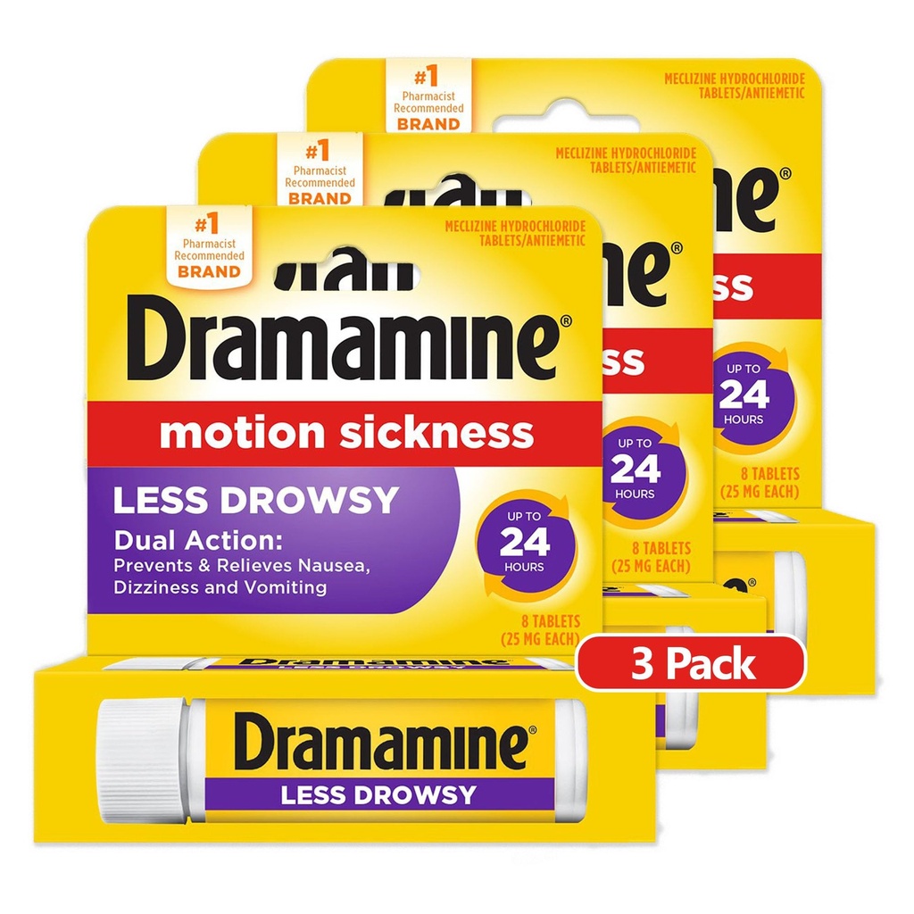 Dramamine tutto il giorno Meno Drowsy, Motion Sickness Relief, 8 Conte, 3 Pack