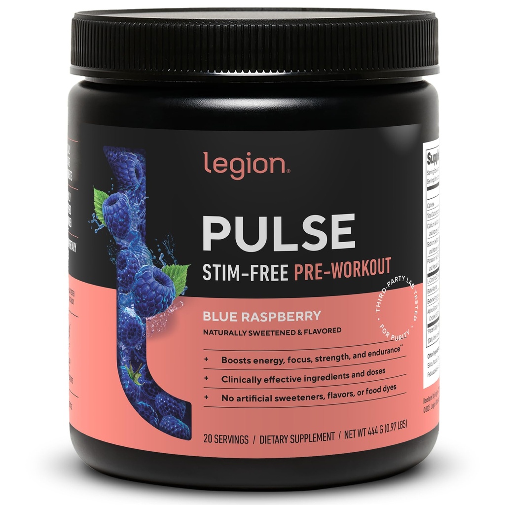LEGION Pulse Pre Workout Supplemento - Tutto naturale Nitric Oxide Preworkout Drink per aumentare l'energia, Creatina Free, naturalmente addolcito, Beta Alanine, Citrulline, Alpha GPC (Caffeina Free Blue Razz)
