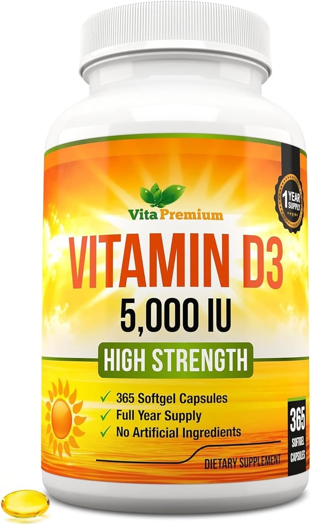Vitamina D3 5000 IU, 365 Easy-Swallow Softgels, supplemento di vitamina D 5000 IU ad alta resistenza - fornitura di anno intero