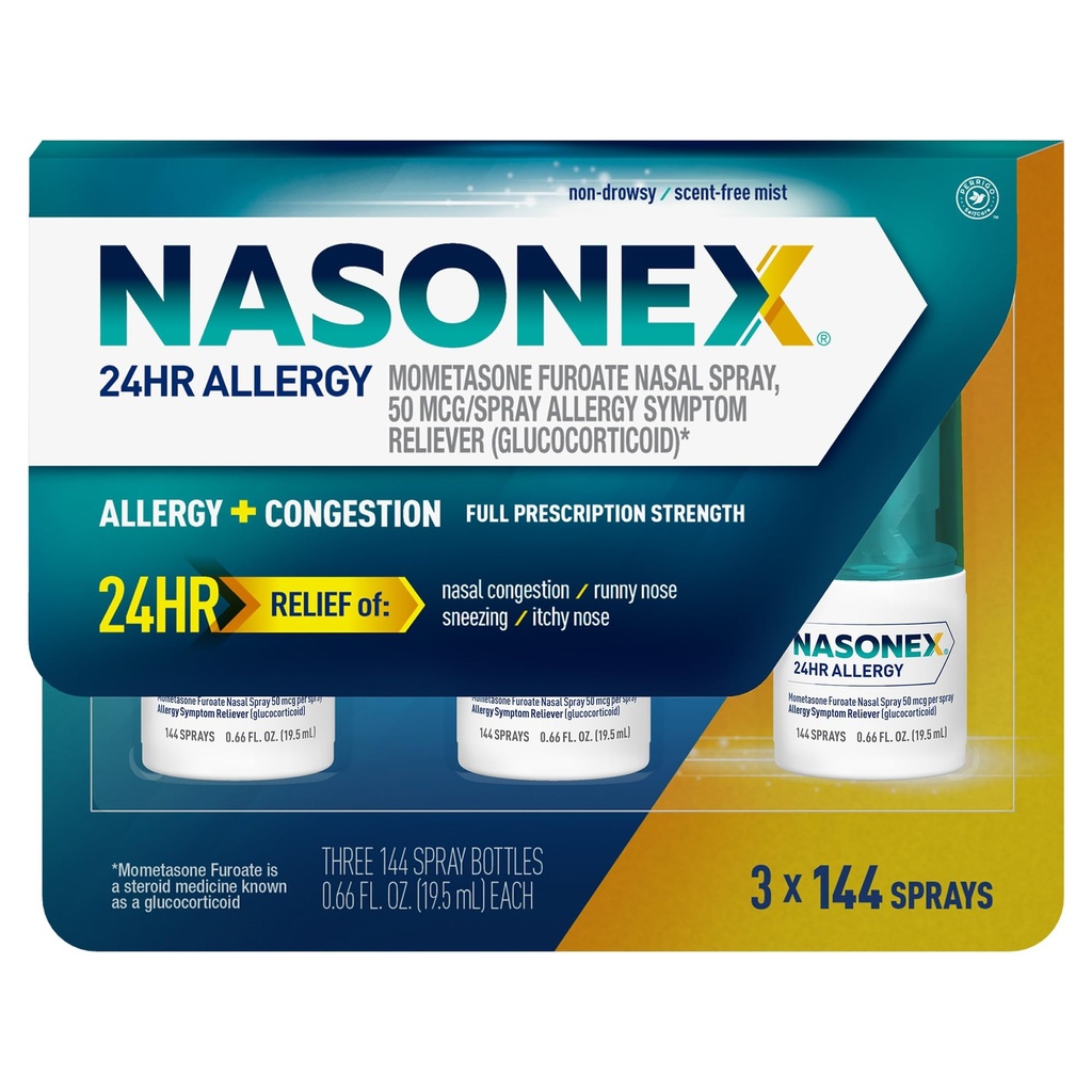 Nasonex 24HR Allergy spray nasale, non sonnolenza, nebbia senza profumo, sintomi di allergia + congestione nasale, piena forza di prescrizione, 120 spray (3 pacchetto)
