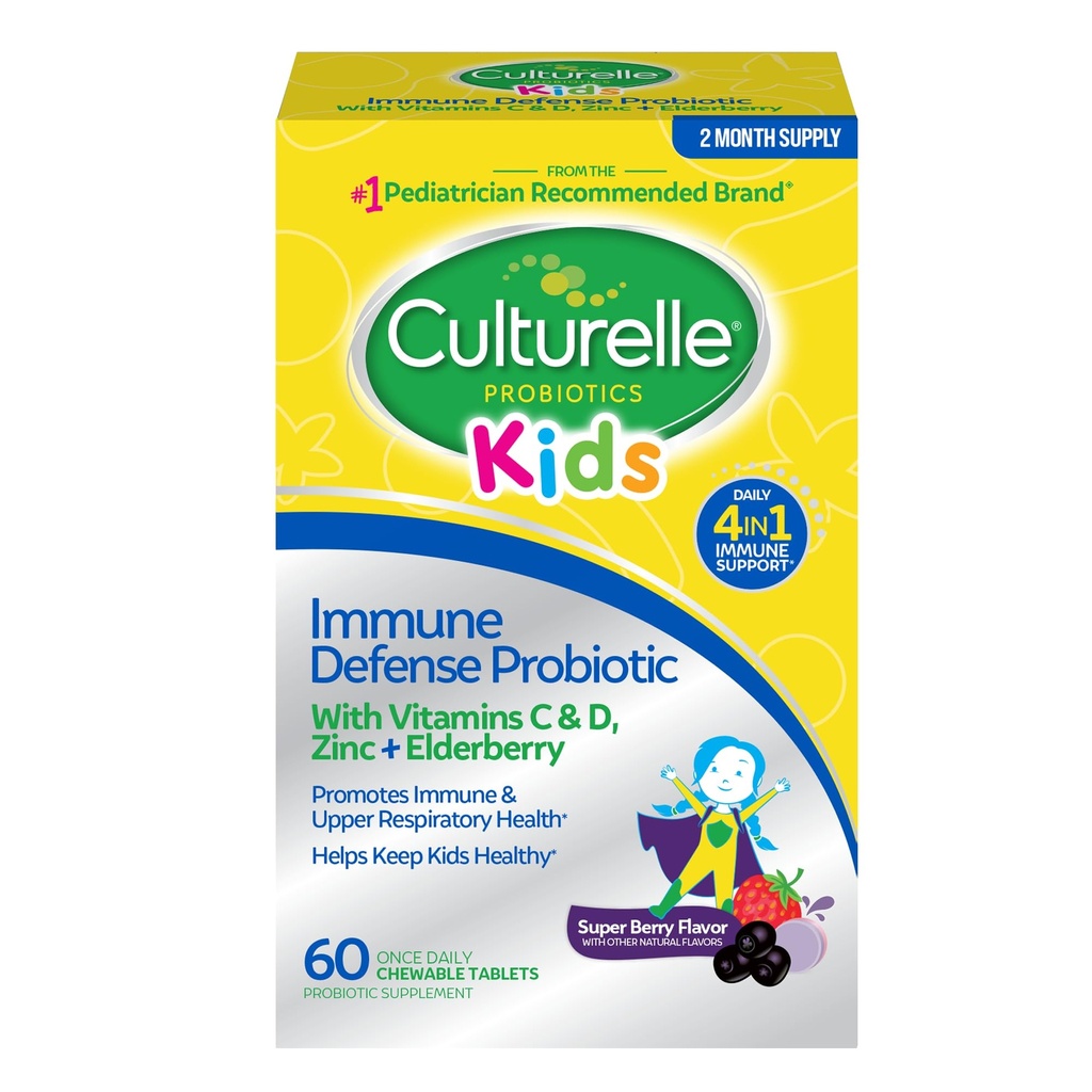 Culturelle Immune Defense Probiotico con Vitamina C, Vitamina D e Zinco + Elderberry, Non OGM, 4-in-1 Supporto Immune per Bambini Età 3+*, Miscelato Berry Chewables, 60 Conte
