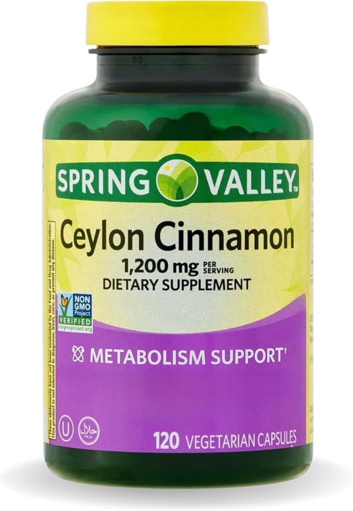 Cinnamon di Ceylon della valle di primavera capsule di 1200 mg, Metabolismo di sostegno * 120 conte | pillole senza OGM e senza glutine (pacchetto di 1)